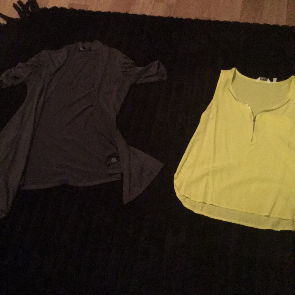 A tank top and a ruched sleeve cardigan type thing